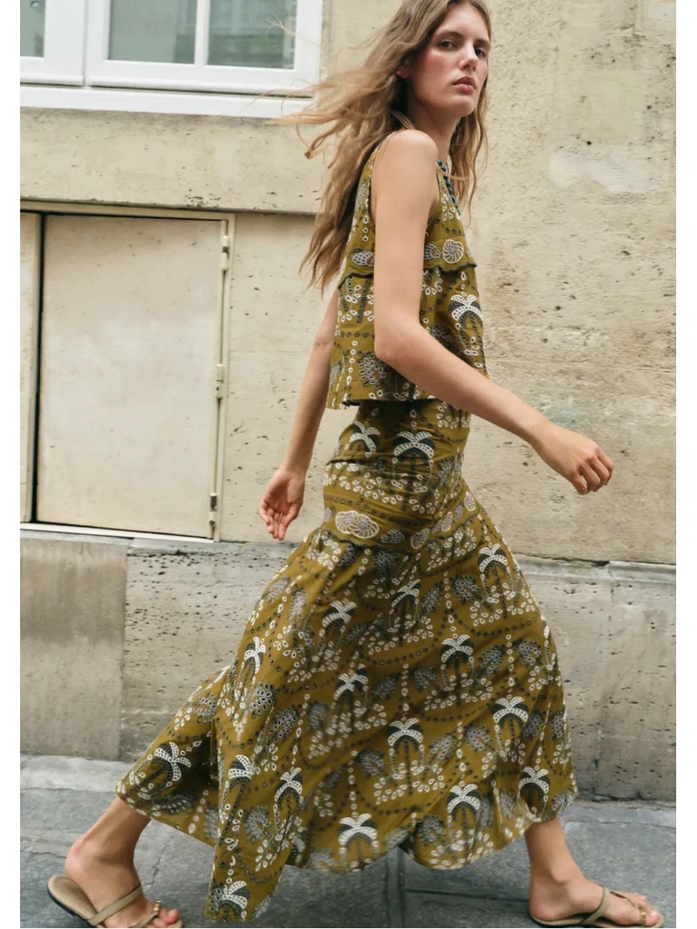 Zara XL Co Ord Skirt Embroidered Set Olive Green Printed NWT